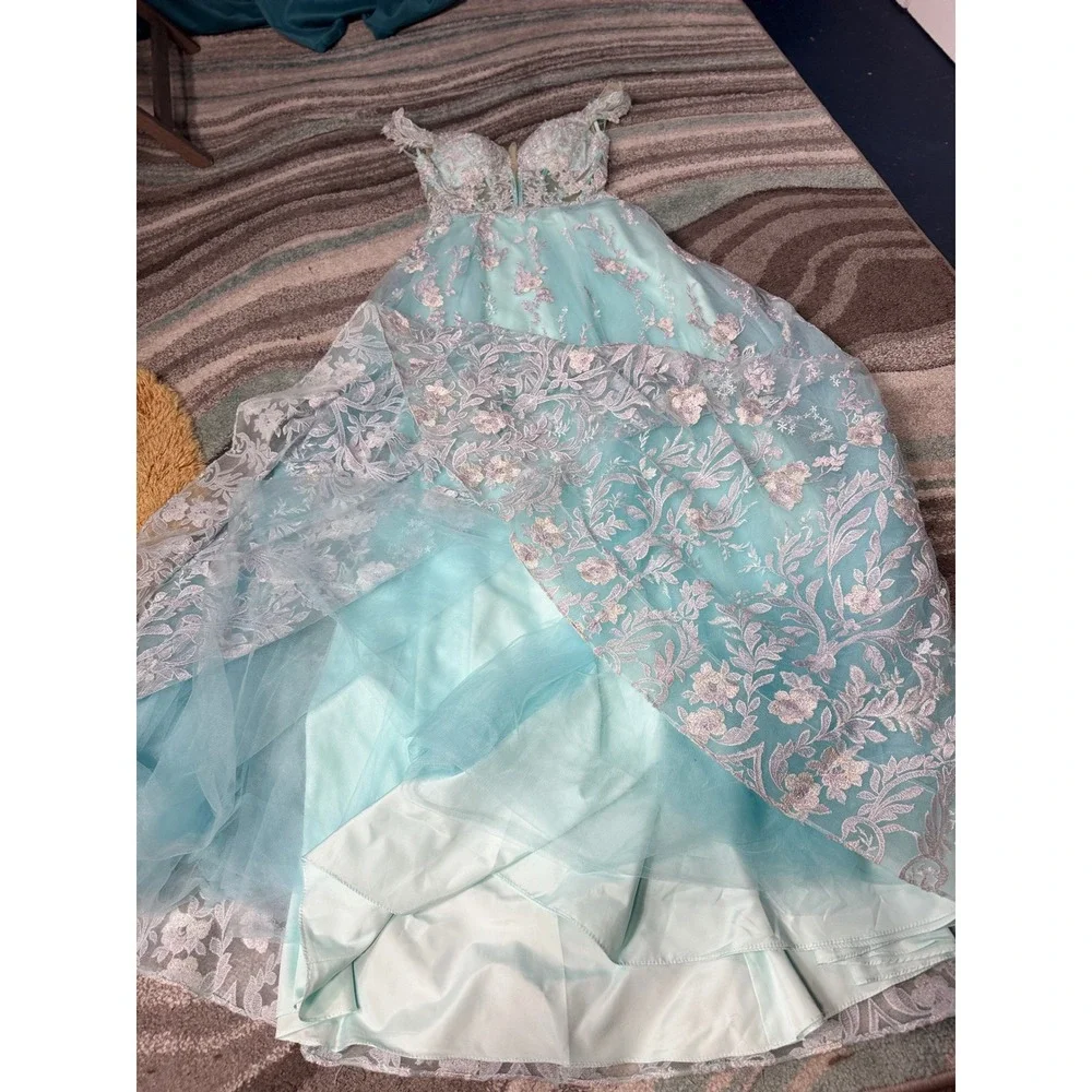 Morrell Maxie Size 4‎ Aqua White Floral Lace Off Shoulder Formal Gown - Picture 14 of 16